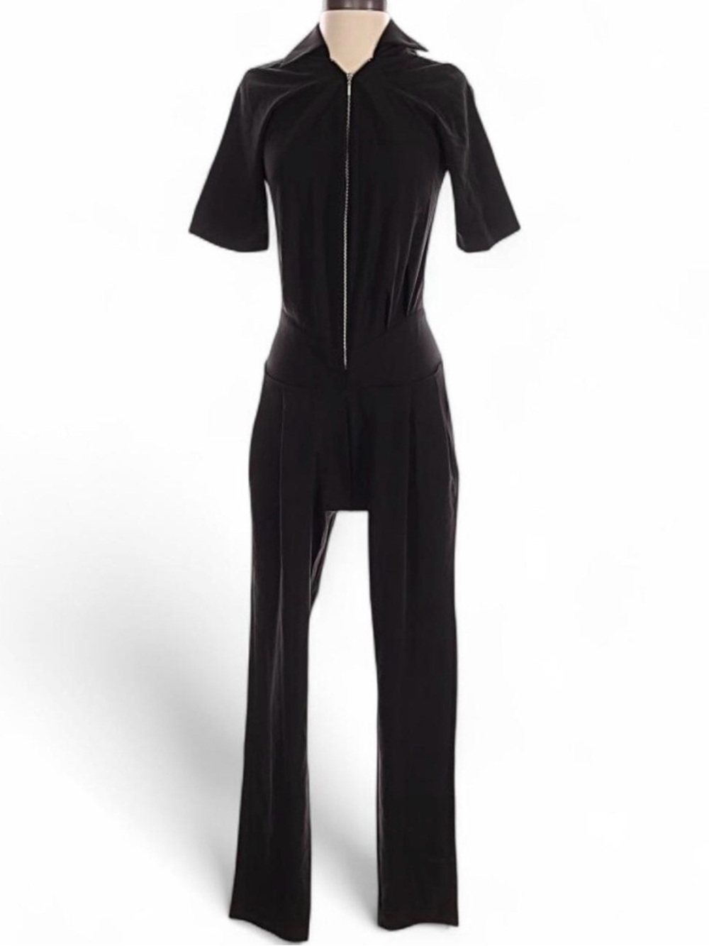Black Short-Sleeve Zip-Front Tailored Jumpsuit